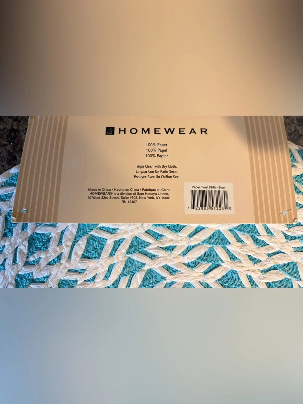 Homewear Woven Round Placemats Set of 6 Teal Blue White 15